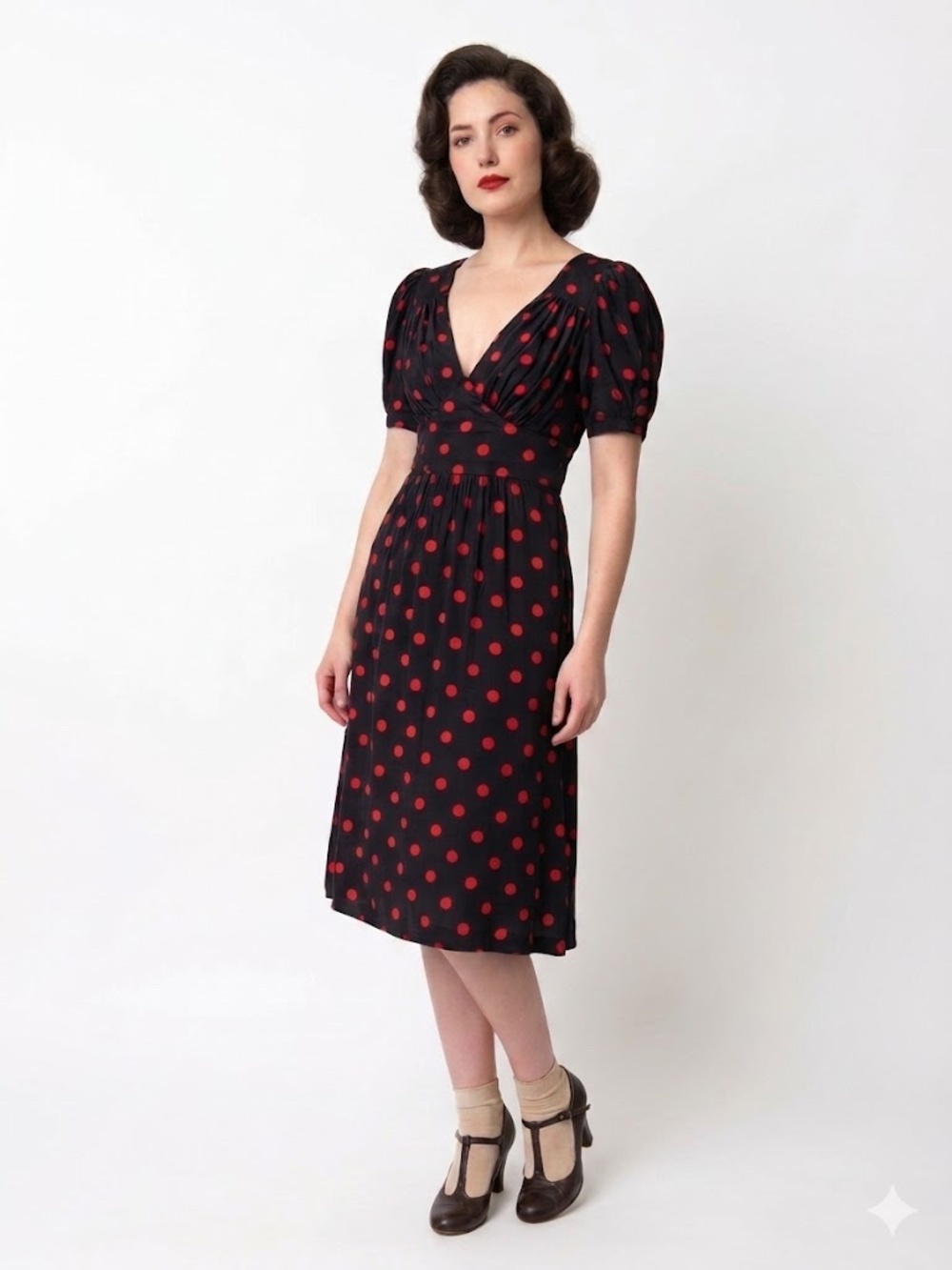 Vintage Betsey Johnson 100% Silk Black Red Polka Dot Puff Sleeve Dress